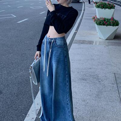 美式复古系带大码高腰宽松牛仔裤