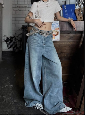 欧美式vibe大码复古高腰牛仔裤女2025年新款直筒宽松坠感拖地裤潮