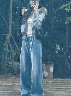 大码美式宽松高腰直筒水洗蓝色折痕阔腿裤牛仔裤女拖地长裤ins潮