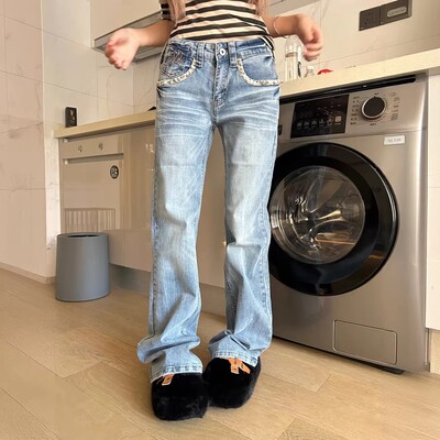 秋冬季设计感直筒修身微喇长裤美式复古辣妹拼接豹纹水洗牛仔裤女