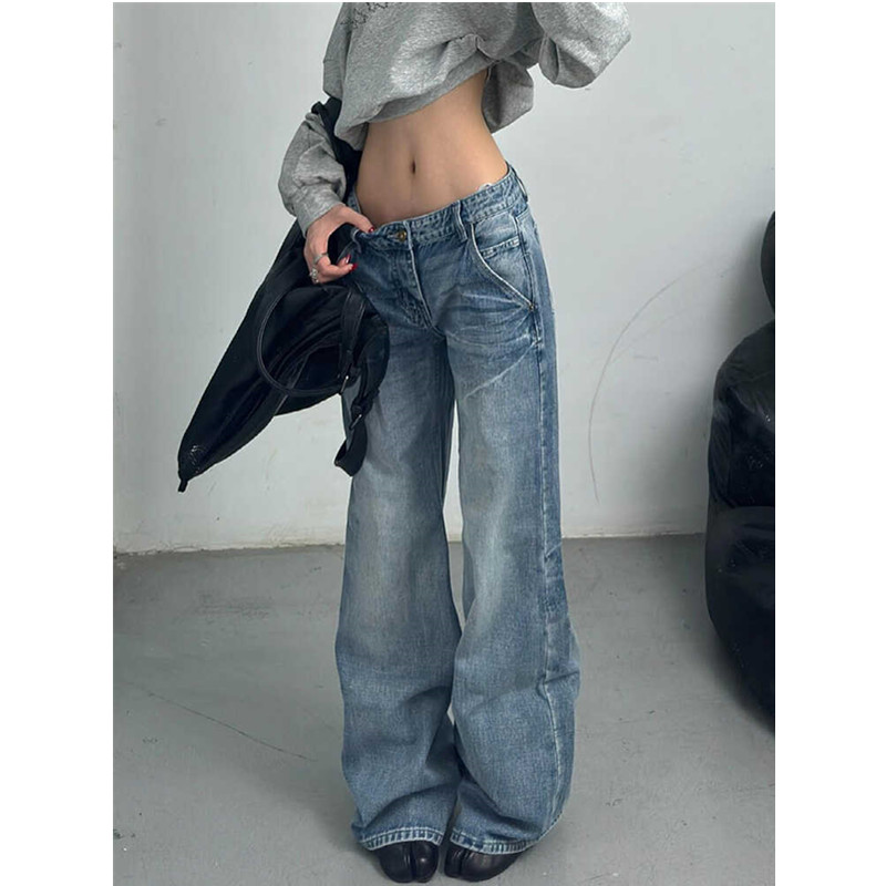 美式复古水洗阔腿牛仔裤女2024秋季新款设计感低腰显瘦直筒长裤子
