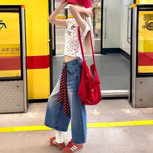 七分裤牛仔裤女夏季新款宽松显瘦高腰休闲直筒阔腿裤大码美式褶皱