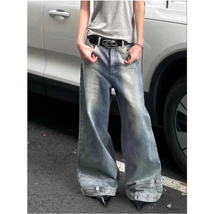 你的裤子穿反了潮牌美式hiphop反向倒装牛仔裤女春秋款堆堆阔腿裤