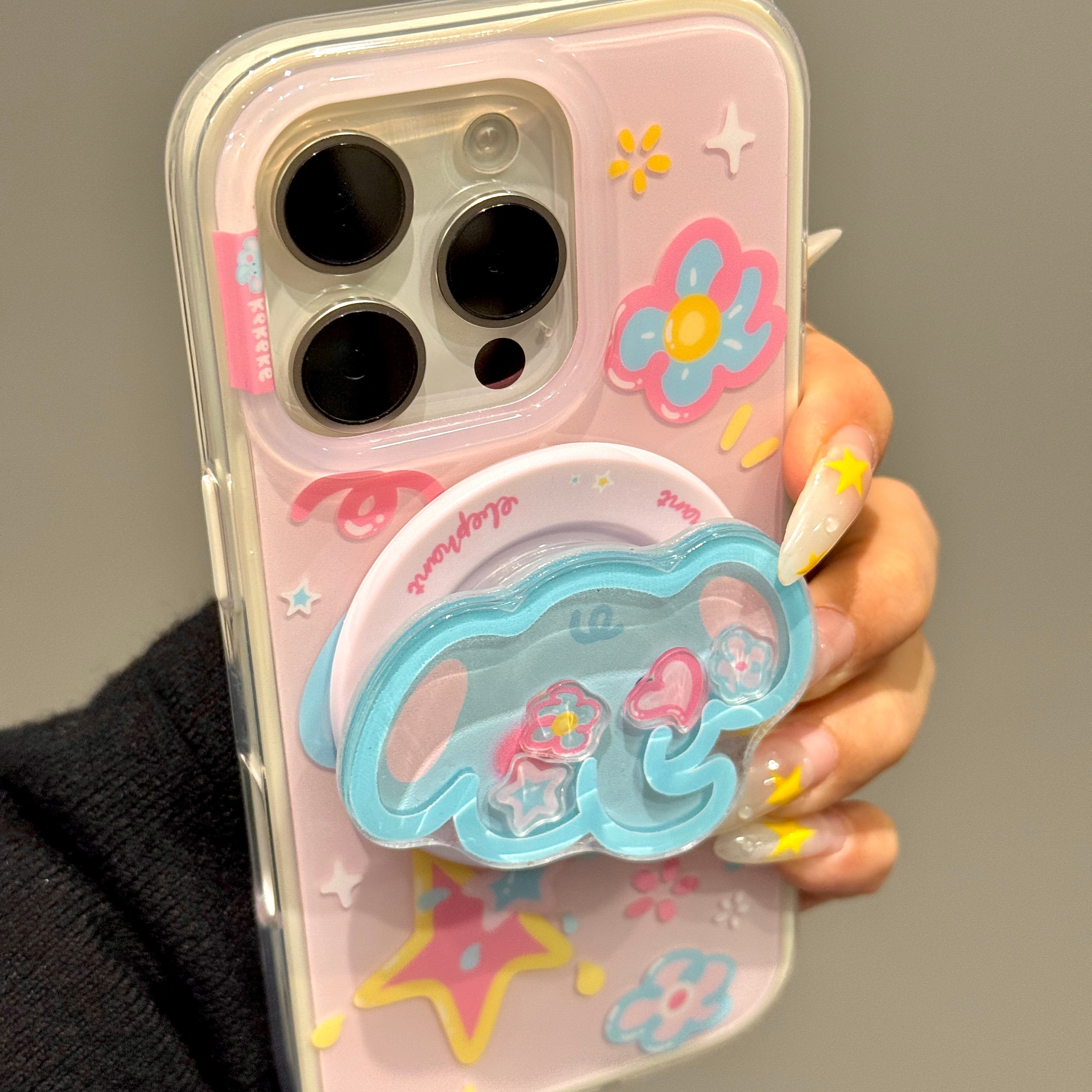 创意彩色花朵小猪小象星星支架适用iphone16promax苹果15手机壳14