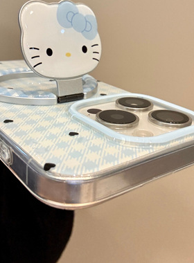 ins蓝色系格纹爱心猫咪支架适用iphone16prom苹果15手机保护壳14