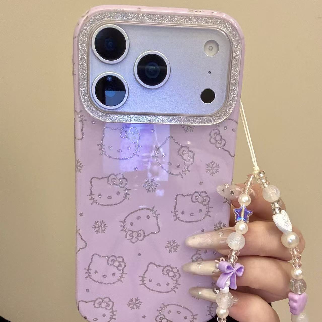 韩系淡紫底闪粉线条雪花猫咪适用ihone17promax苹果16p手机壳新款