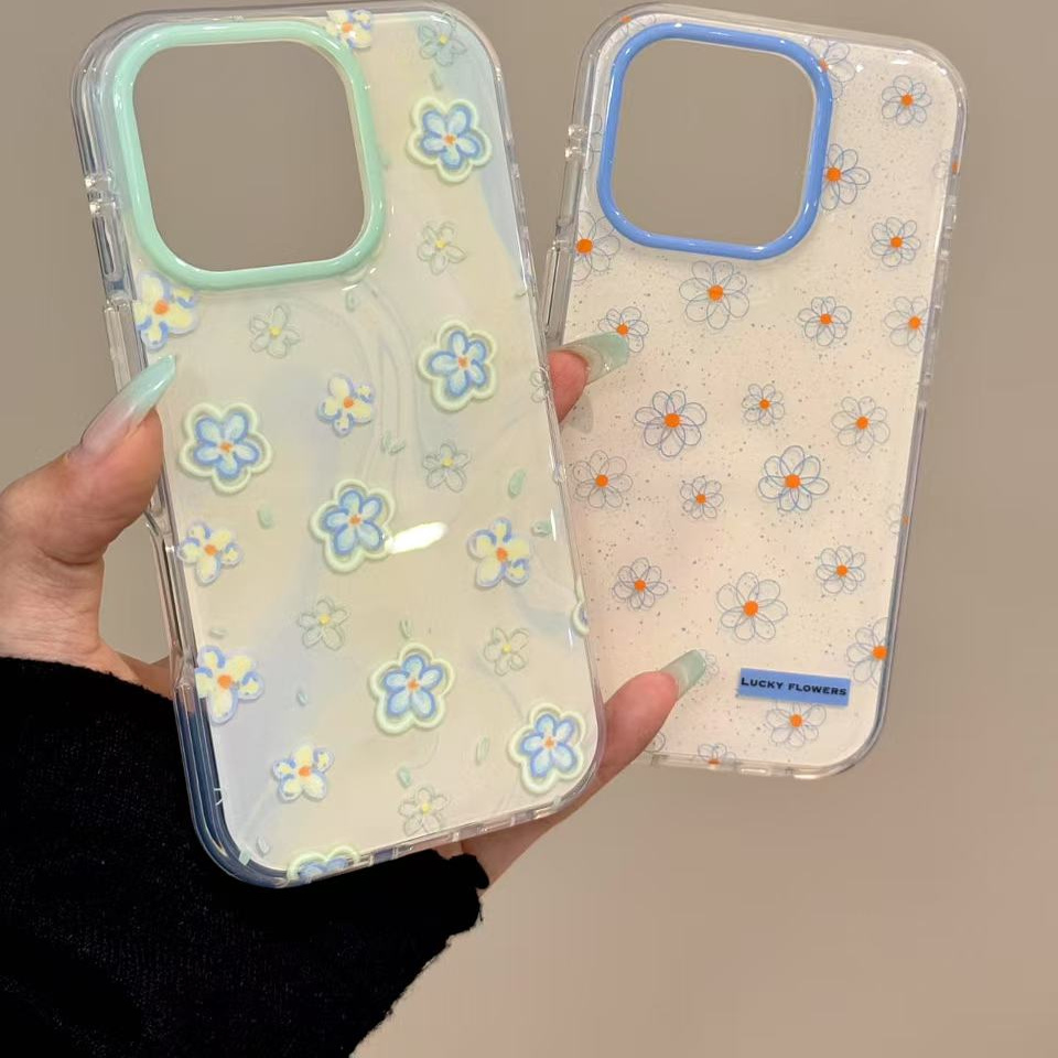 春日ins泼墨满屏线条蓝小花适用iphone16prom苹果15p手机壳14新款