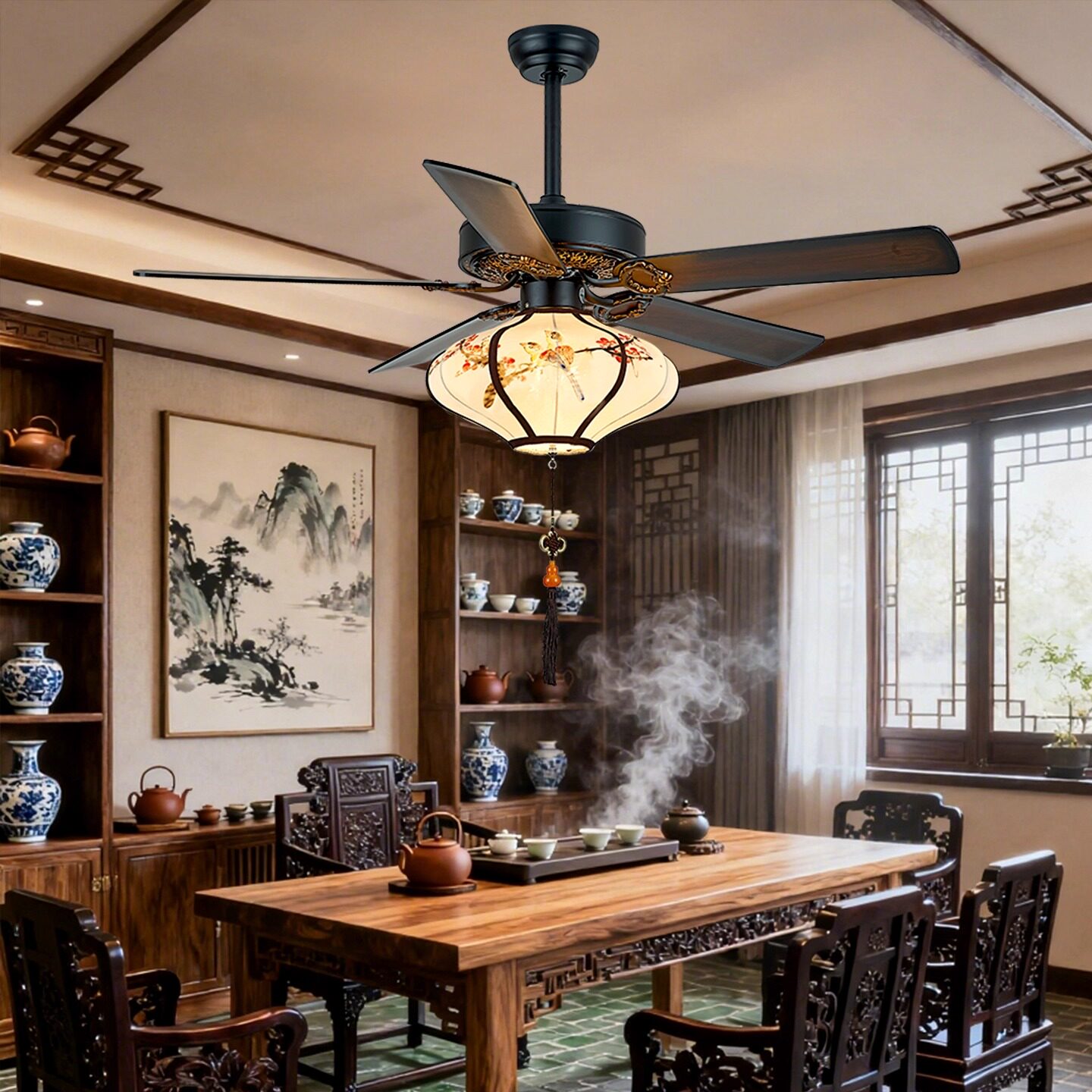 新中式禅意花鸟风扇灯