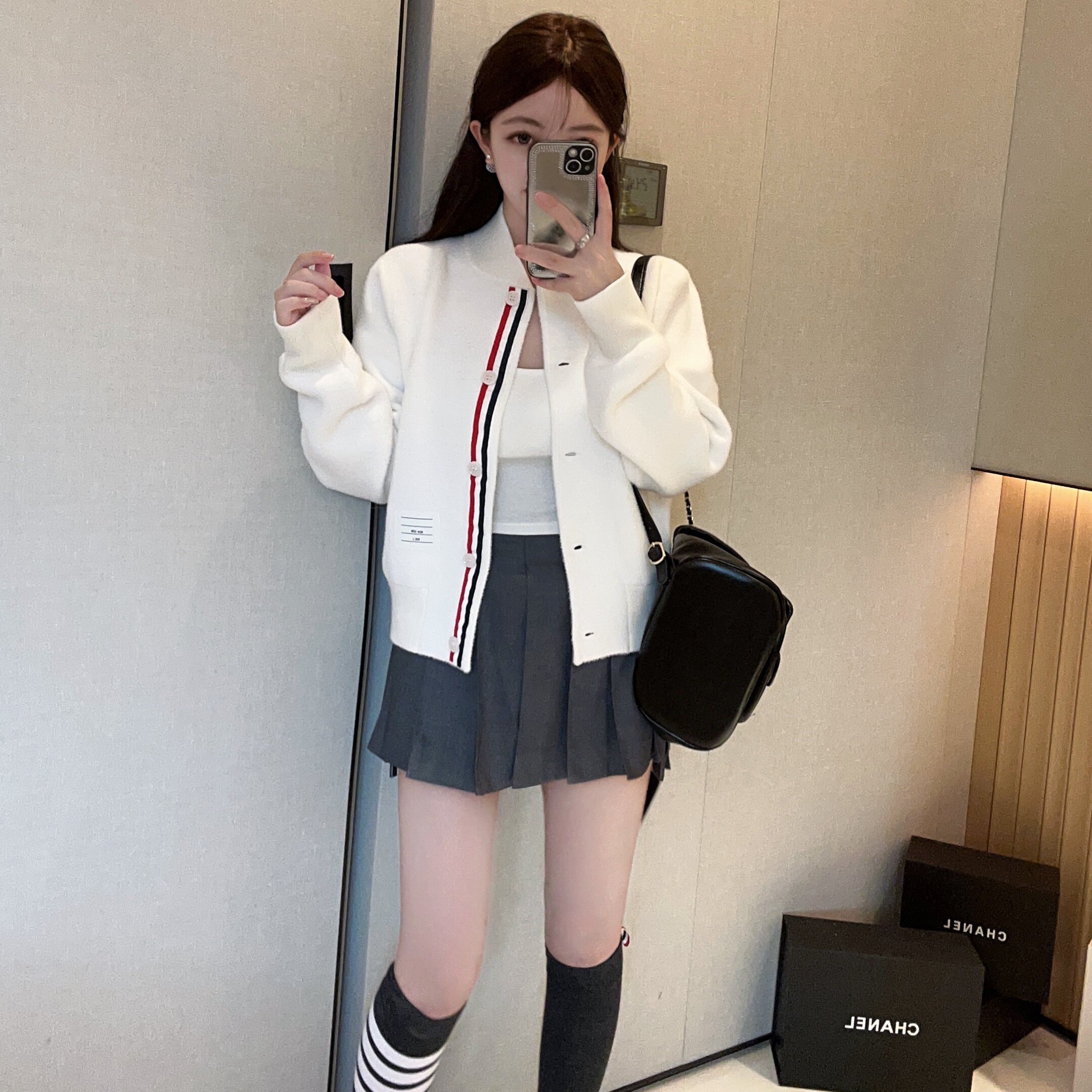 秋冬tb学院风减龄针织休闲织带棒球服百搭显瘦短款外套上衣女潮
