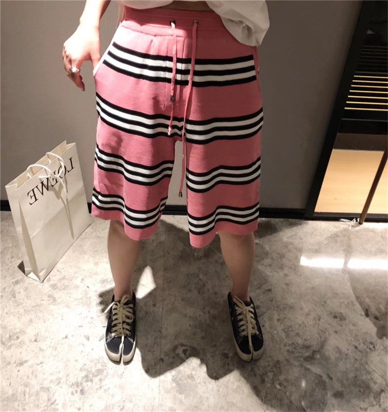夏季百搭冰丝针织条纹时尚宽松韩版直筒休闲男女同款五分短裤潮