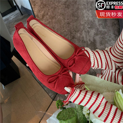 小羊皮~软底蝴蝶结芭蕾单鞋女春秋复古小红鞋浅口平底奶奶鞋瓢鞋
