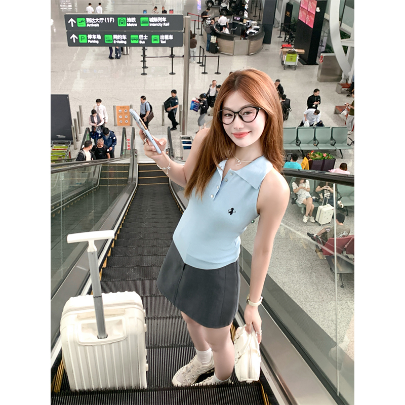法式复古显瘦polo领无袖刺绣针织背心女夏季外穿无袖上衣