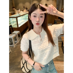 白色甜美娃娃领针织T恤女新款 气质欧尼 小个子可爱短上衣