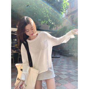 显瘦宽松防晒罩衫 慵懒风白色休闲圆领T恤女2025春新品 上衣