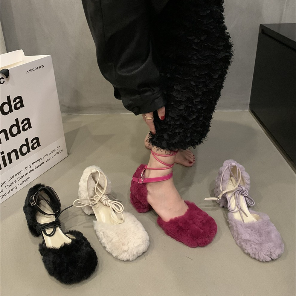 法式晚晚温柔毛毛鞋凉鞋女鞋子春夏款外穿配裙子玛丽珍鞋高跟单鞋
