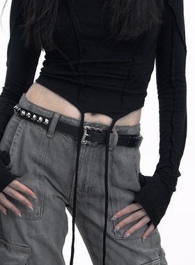 做旧富二代十字架玫瑰花雕花扣头辣妹顶男朋克风铆钉细款腰带皮带