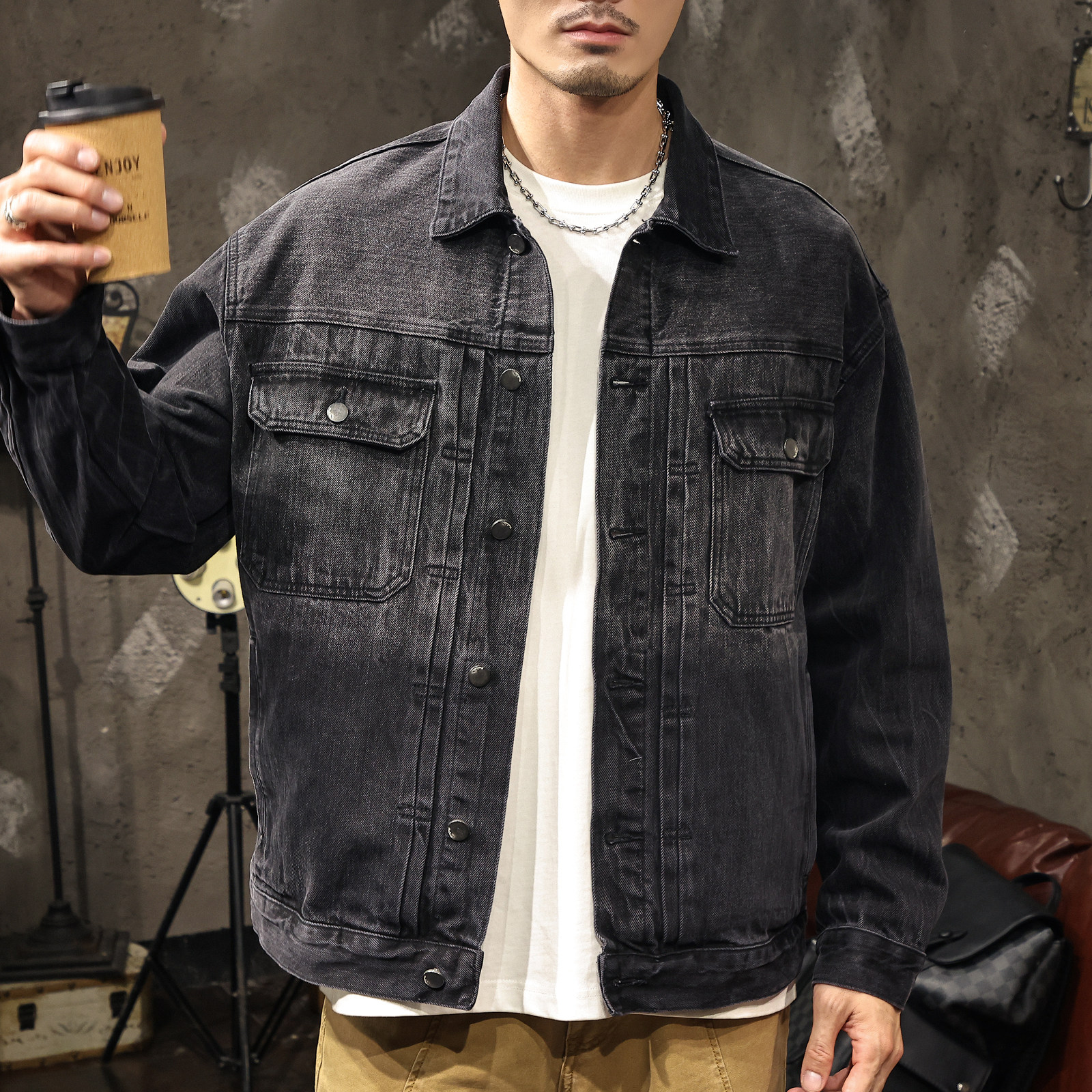 重磅设计感黑白渐变牛仔外套男2025新款秋冬季洗水夹克男装上衣