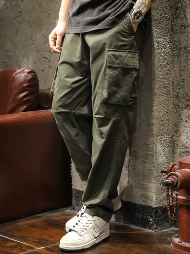 Зеленые осенние штаны, элитные повседневные брюки, свободный прямой крой, оверсайз