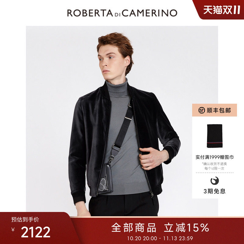 [兔毛皮内胆]ROBERTA诺贝达男装男士皮衣冬季棒球领丝绒夹克