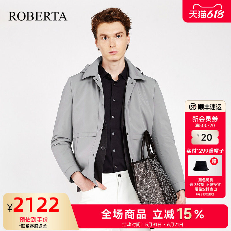 [兔毛皮内胆]ROBERTA诺贝达男装男士皮衣冬季连帽风衣外套男