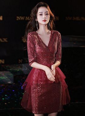 红色洋装小晚礼服裙女2025新款秋冬季短款高级法式气质新娘敬酒服