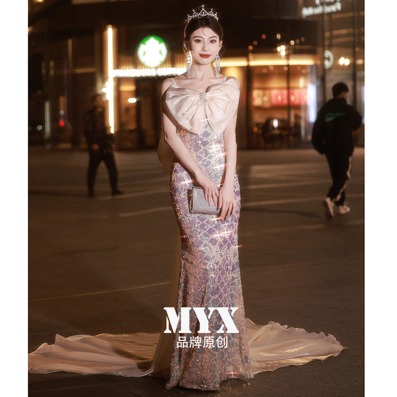 亮片晚礼服女2023新款高端轻婚纱性感修身鱼尾拖尾宴会年会连衣裙