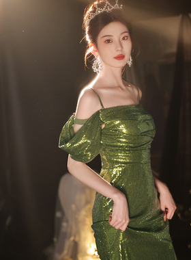 吊带晚礼服裙女绿色高端一字肩宴会鱼尾裙高级轻奢气质名媛主持人