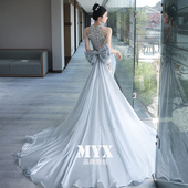 高定晚礼服女高端轻奢宴会主持人拖尾婚纱鱼尾性感挂脖长款 连衣裙