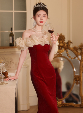 酒红色新娘敬酒服法式一字肩结婚订婚晚礼服裙女高级感鱼尾裙高贵