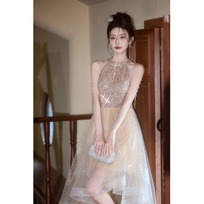 宴会气质晚礼服裙香槟色亮片小众高端轻奢挂脖主持人毕业成人礼女
