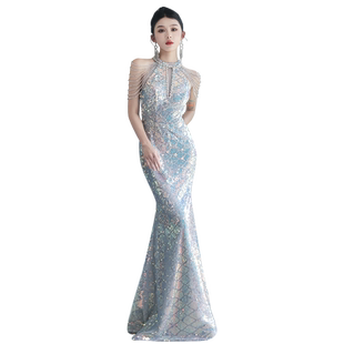 高定晚礼服女高端轻奢宴会主持人拖尾婚纱鱼尾性感挂脖长款连衣裙