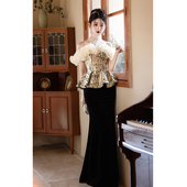 宴会高端挂脖晚礼服裙女名媛轻奢高级感一字肩鱼尾年会主持人气质