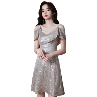 洋装小晚礼服女2026新款宴会高端气质名媛短款显瘦亮片吊带连衣裙