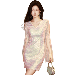 名媛小晚礼服女冬2026新款宴会高定轻奢高级感连衣裙超仙亮片短款