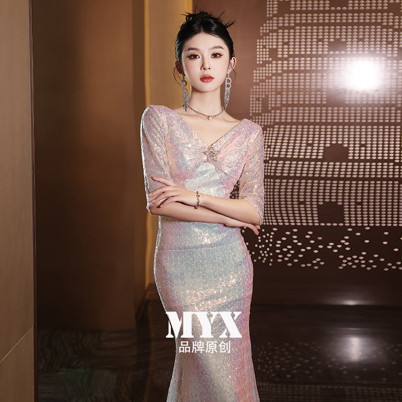 高定名媛晚礼服女宴会高级感法式轻婚纱修身鱼尾主持人年会连衣裙