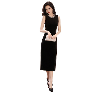 黑色长款晚礼服裙女正式场合连衣裙平时可穿主持宴会气质法式简约