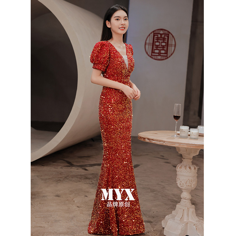 亮片晚礼服女2024新款高定红色性感鱼尾敬酒服新娘结婚订婚连衣裙