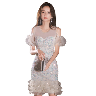 法式洋装小晚礼服女冬端气质名媛高级感亮片宴会修身鱼尾连衣裙