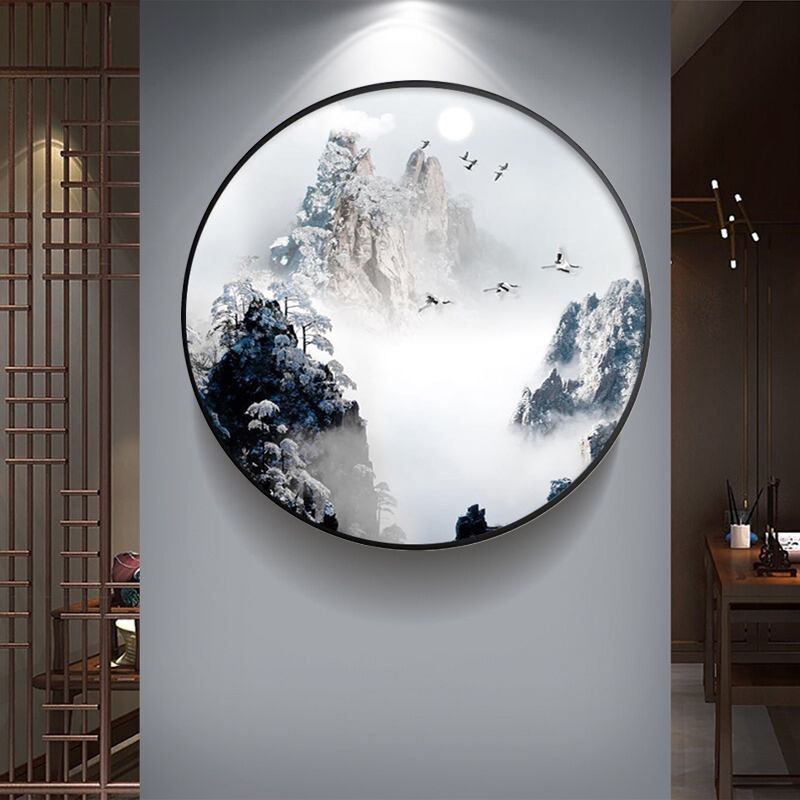 轻奢新中式玄关装饰画现代风景禅意书房挂画客厅过道山水圆形壁画图片