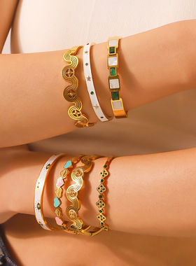 法式ins白海贝五角星锆石钛钢18k金爱心滴油恶魔之眼