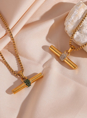 欧美ins时尚简约小众个性项坠饰品 不锈钢镀18K微镶T-Bar吊坠项链