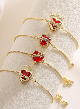 澳古 跨境简约铜镀18K金红色锆石爱心手链女小众个性可调节手链