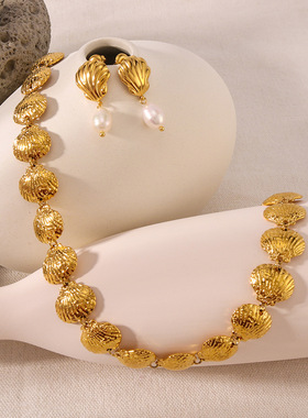 时尚新款畅销首饰套装18K真金不锈钢贝壳形纹理珍珠钛钢耳环项链