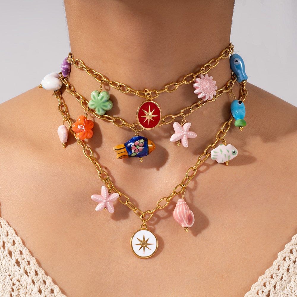 跨境欧美海洋风不锈钢链条小鱼海星太阳花朵八芒星串珠项链不掉色