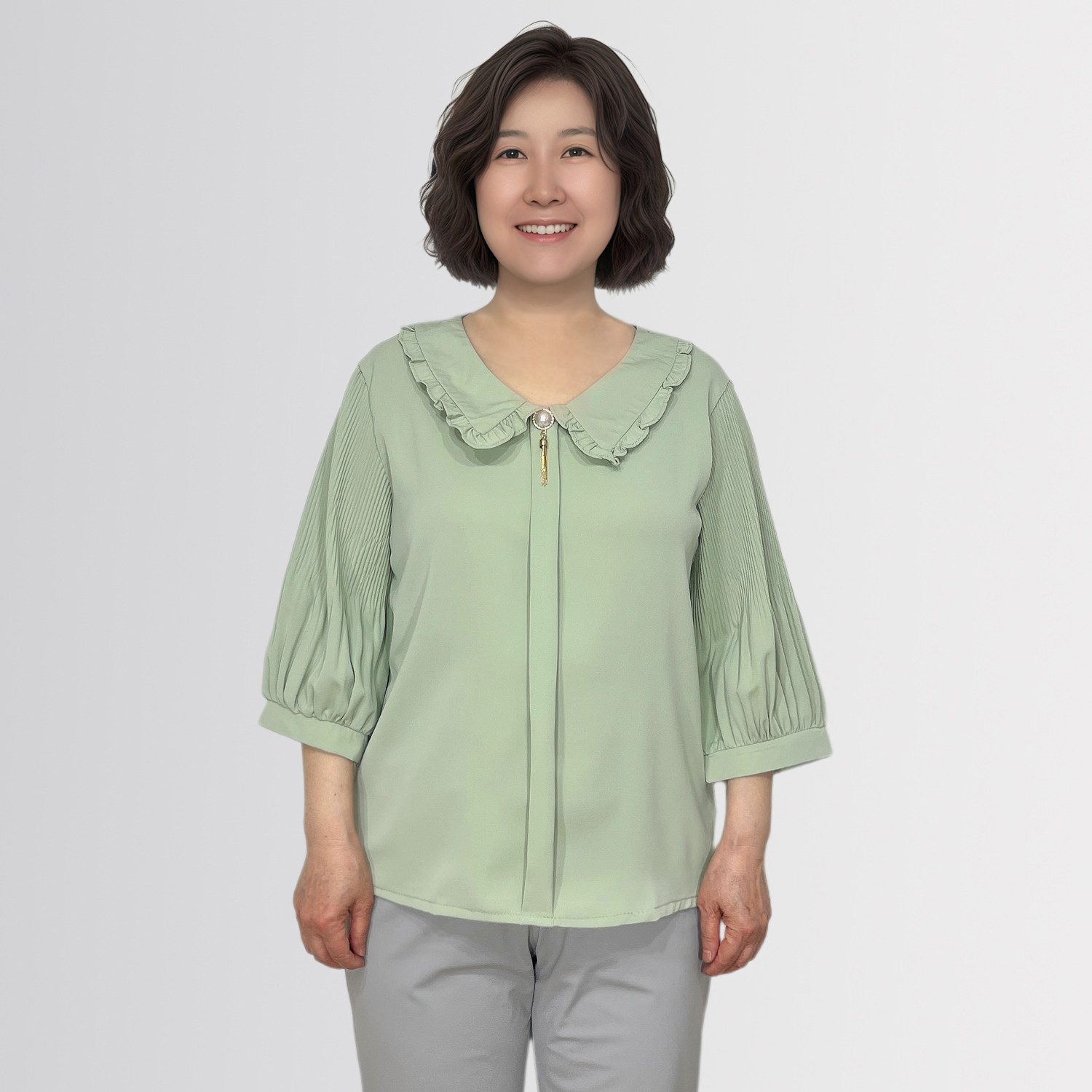 中老年宽松娃娃领七分袖雪纺衫2026春夏新款韩国代购妈妈褶皱上衣