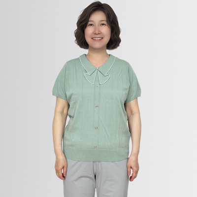 中老年洋气弹力针织短袖T恤2026春夏新款韩国代购妈妈V领针织衫女