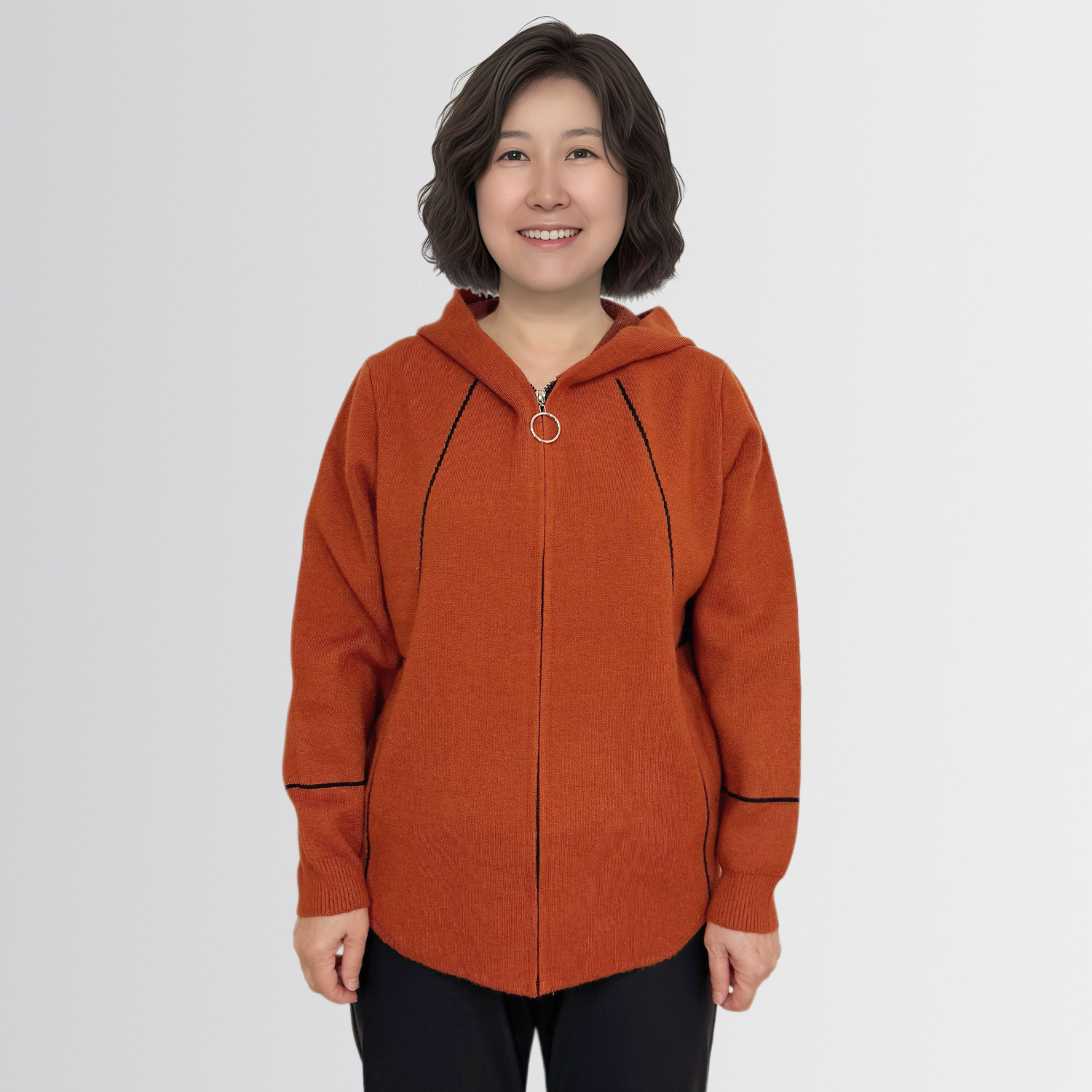 中老年宽松连帽拉链针织外套2025秋冬新韩国代购加厚开衫妈妈毛衣