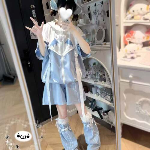 新款原创日系亚文化水色系统可拆袖甜美可爱狐耳连帽精品女装套装