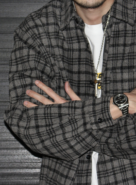 GcBrand AW24 复古主题元素 口袋设计 加厚毛呢 休闲格子长袖衬衫