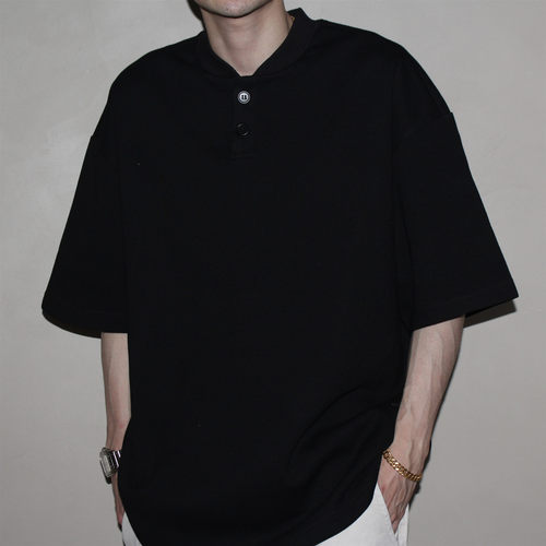 GcBrand Lab SS25 美式复古休闲宽松空气层短袖重磅纯色亨利领T恤